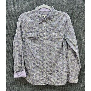 Talbots Flip Cuff Roll Tab Shirt Womens Medium Purple Plaid Floral Button Front